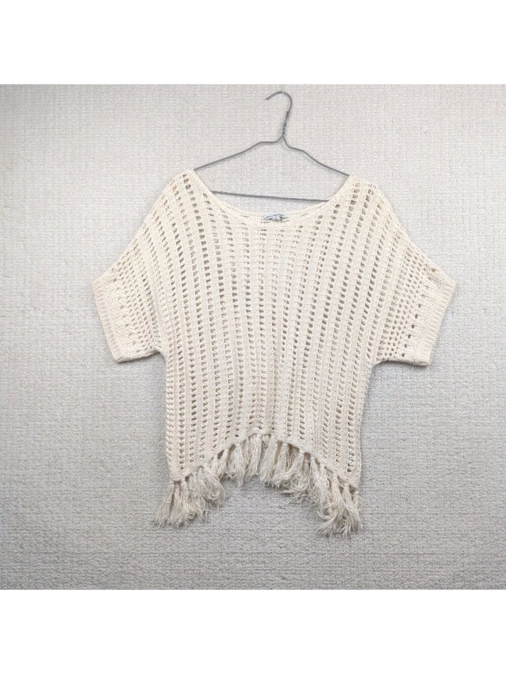 Y2K American Eagle Cream Crochet Fringe Poncho Top Boho Festival Sweater Sz M